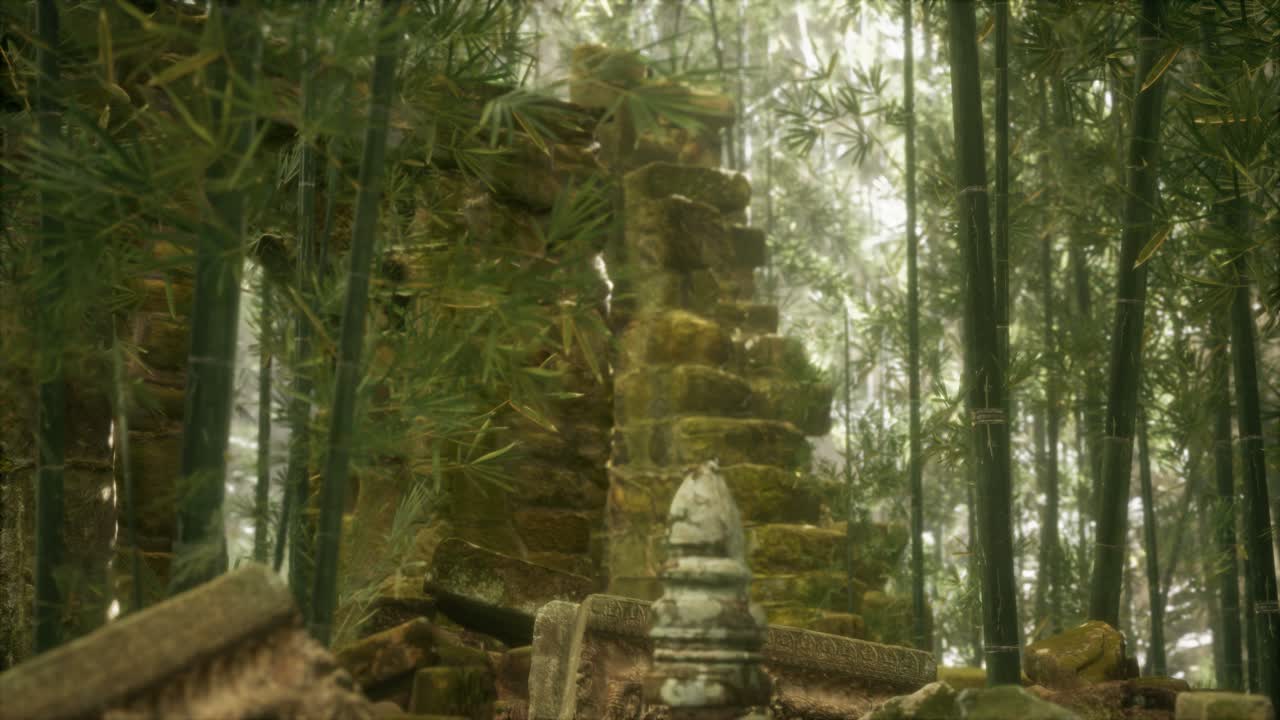 las ruinas de edificios antiguos en el bosque de bambú verde
