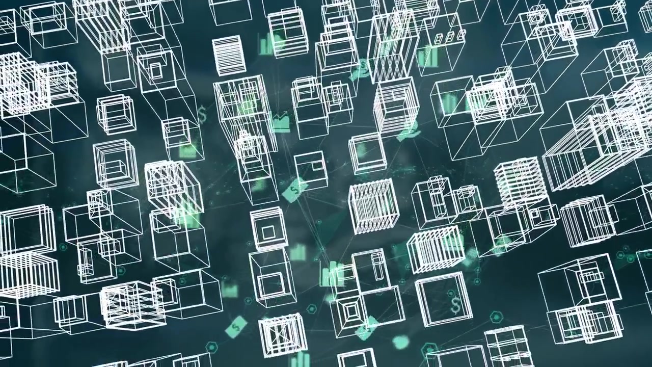 Animation d'icônes de médias et d'une ville sur fond noir.
