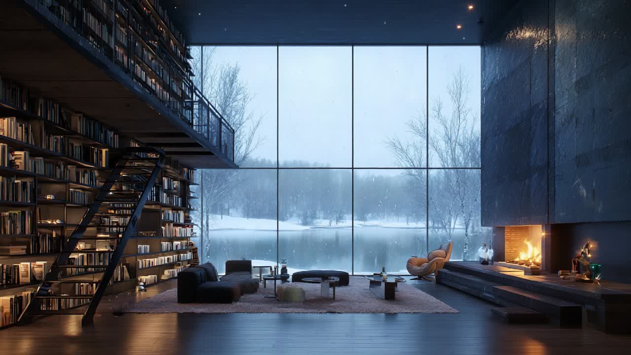 A Cozy Modern Living Room with Bookshelves and a Stunning Winter View Through Large Windows, Featuring a Fireplace and Warm Ambient Lighting, Perfect for Relaxation and Reading by the Lake