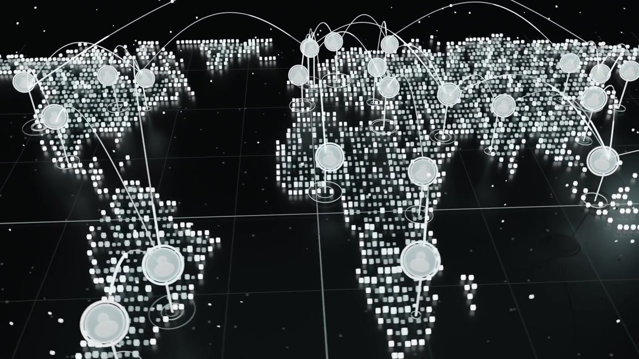 Moving camera revealing world map, rising markers and arcs showing global data on black grid