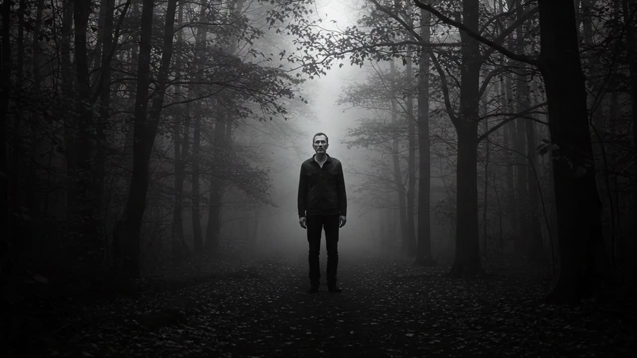 A Mysterious Figure Emerges from the Shadows in a Foggy Forest, Evoking a Sense of Intrigue and Enigma Amidst the Dark Trees and Atmosphere