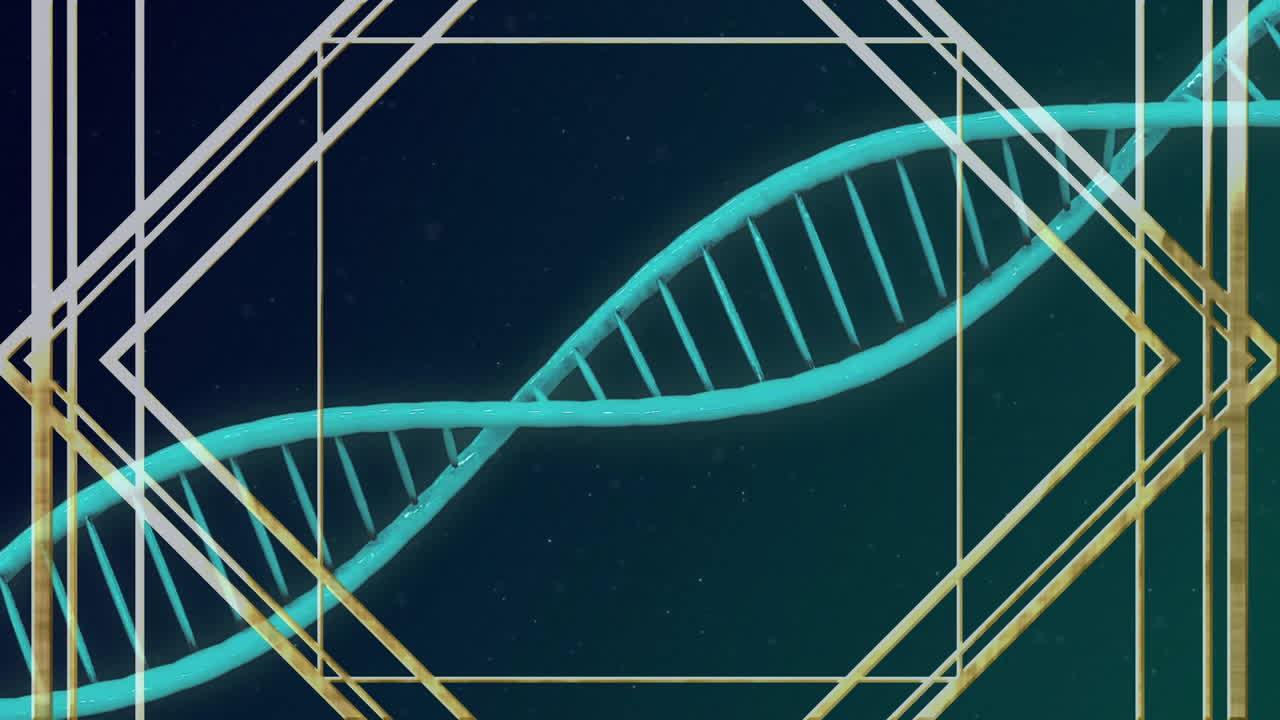 Turquoise 3D DNA double helix twisting horizontally across cosmic gold line frame design