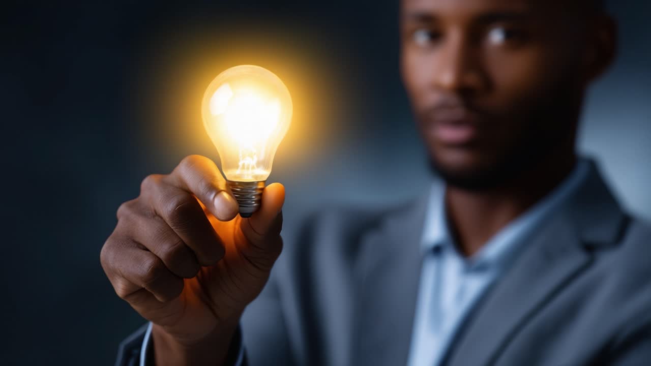 A confident individual holding a glowing light bulb, symbolizing innovation and bright ideas, captured in a professional setting with a focus on creativity and inspiration