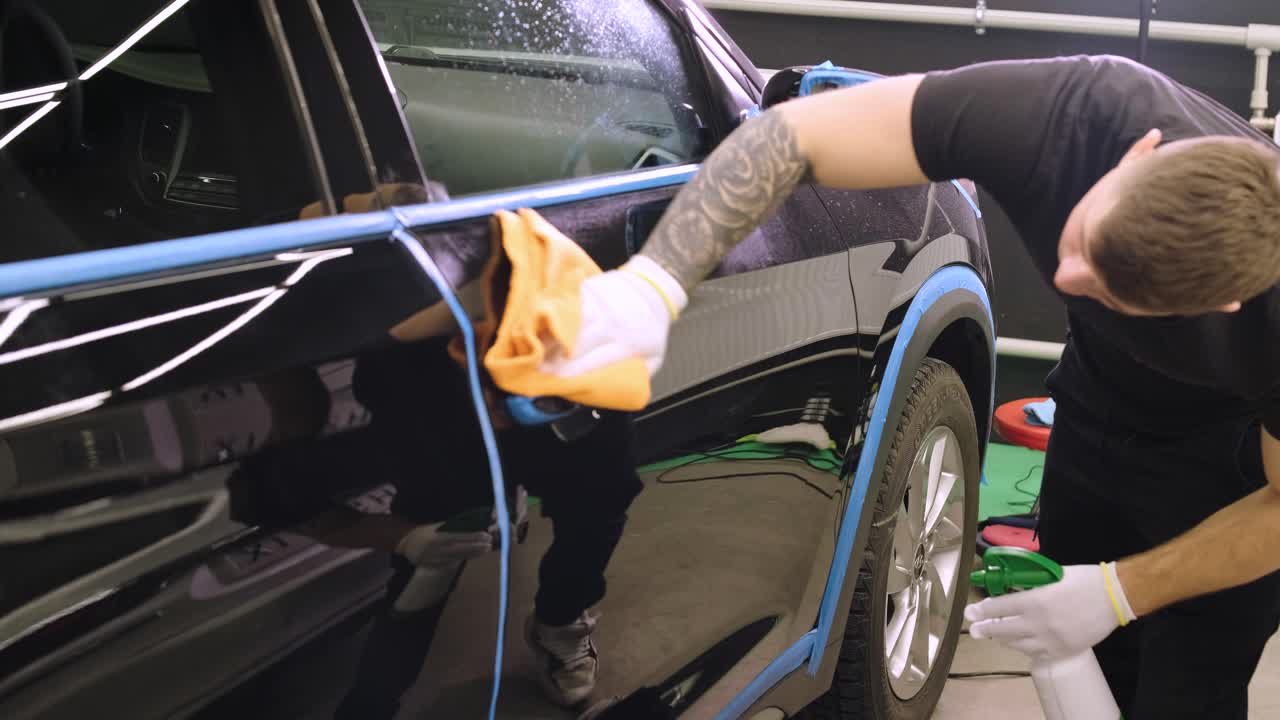 el lavador de coches profesional con guantes blancos limpia el coche después de lavar y forrar la cerámica. conceptos de: trabajo profesional, varias herramientas de lavado, limpieza para brillar.