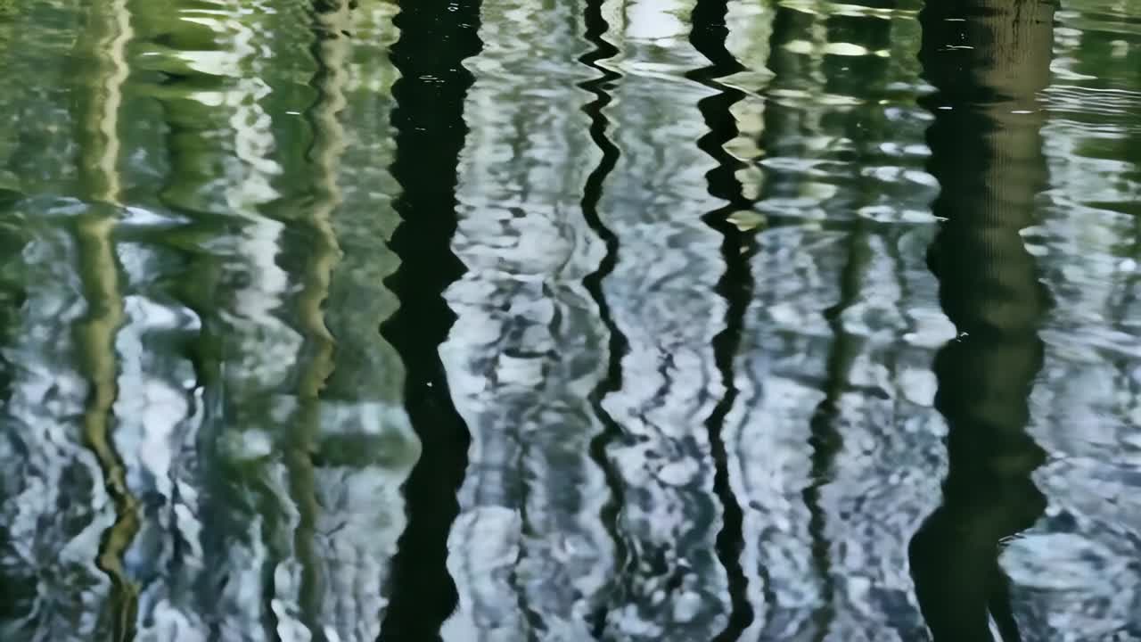 Rippling reflections of tree trunks shifting on calm pond surface, light breeze causing ripples