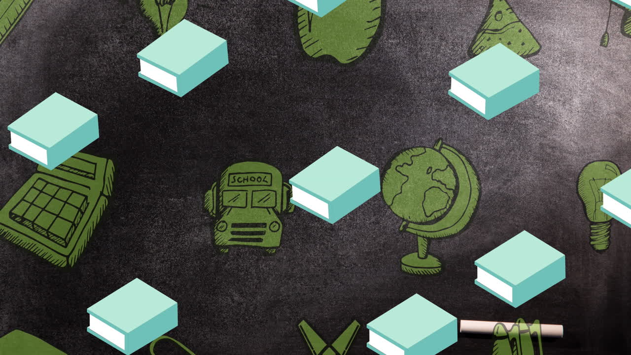 animación de los iconos de los artículos escolares que se mueven por la borda