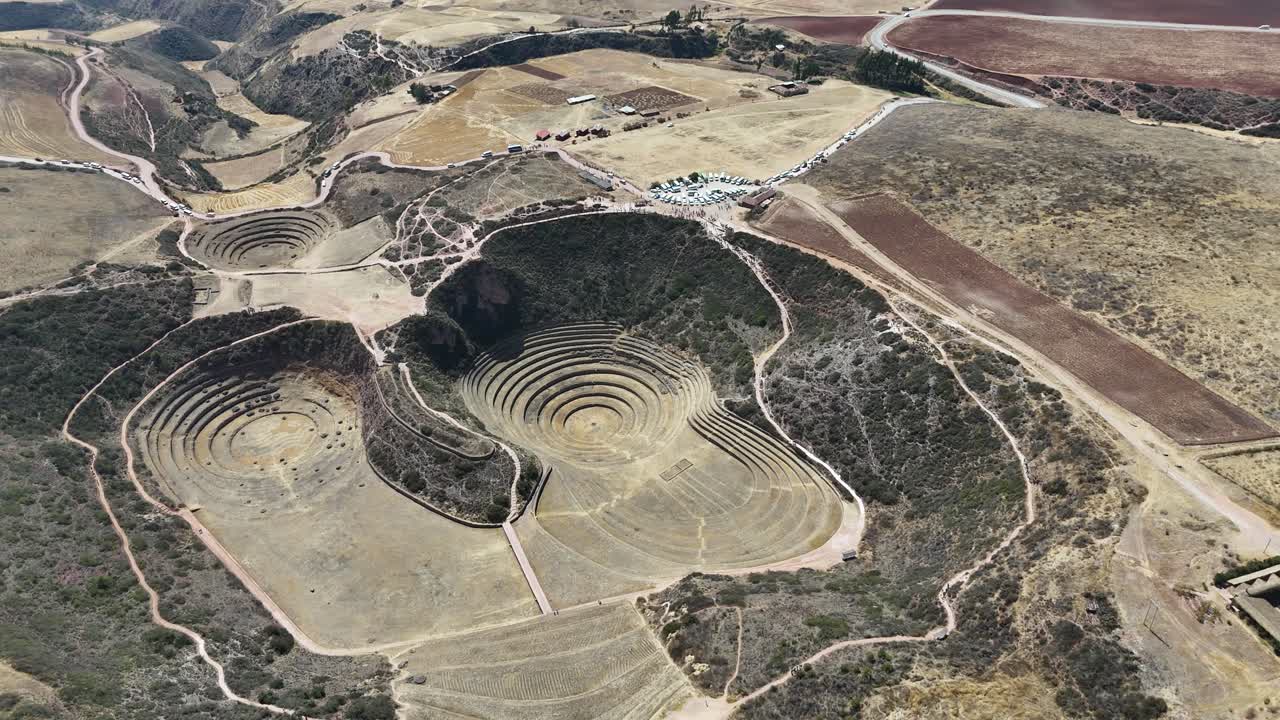 Aerial view showcasing the circular agricultural terraces of Moray, Peru