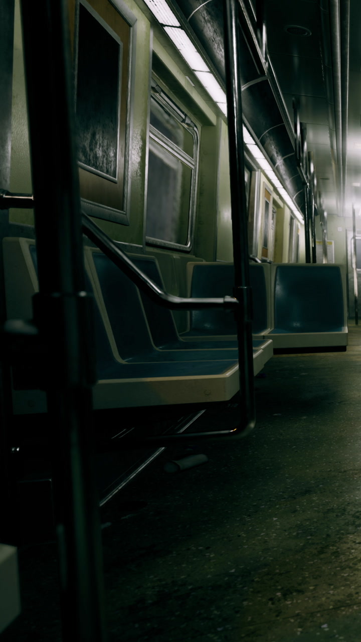 Empty subway car in urban setting during late night hours