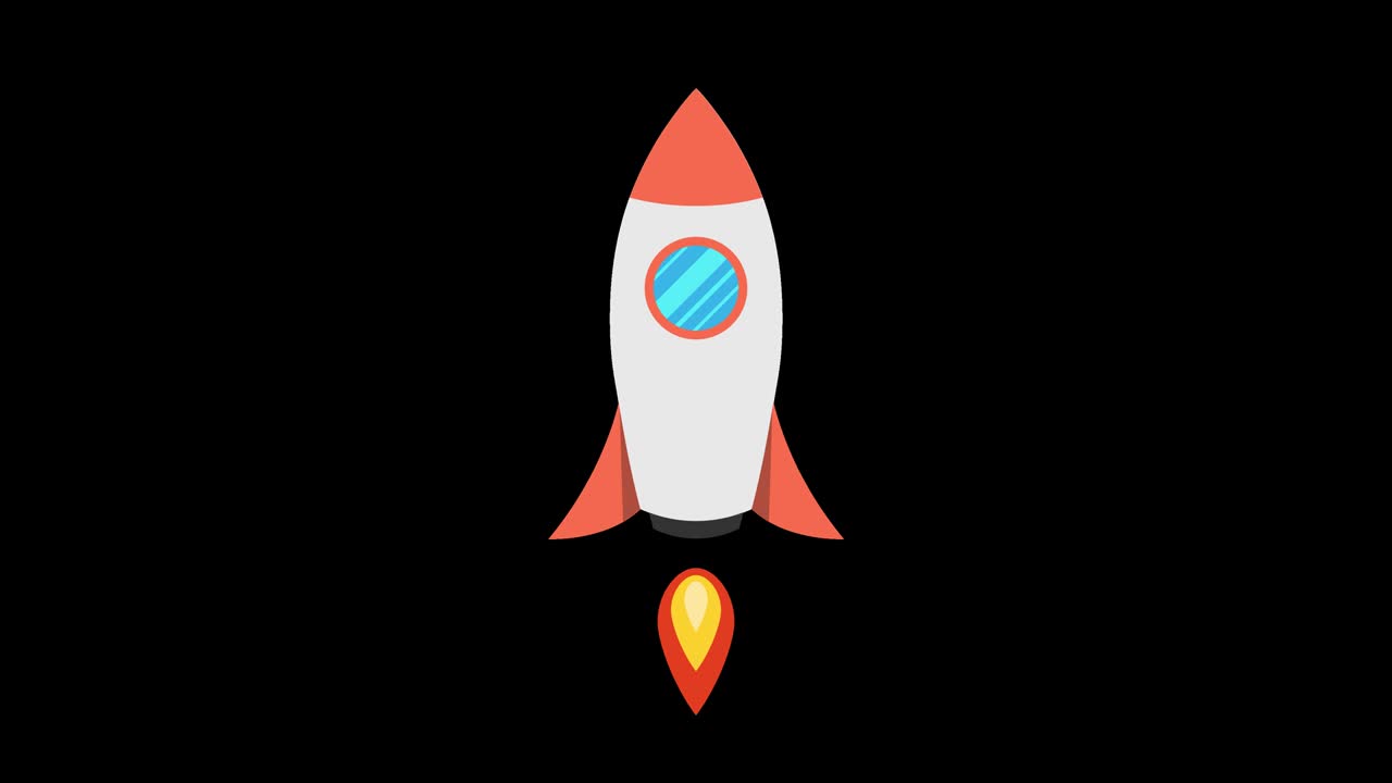 Cartoon rocket ship flying up. Loop animation in alpha channel. 4K resolution.