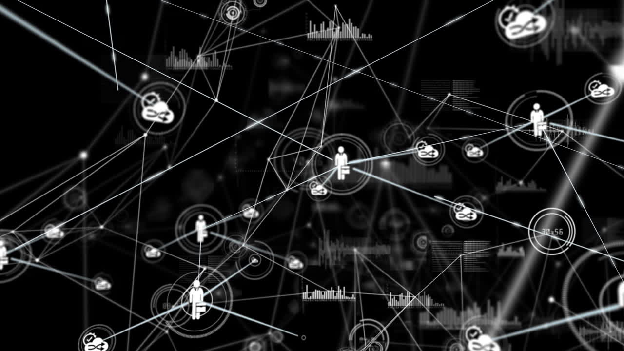 animación de redes de conexiones con iconos en fondo negro
