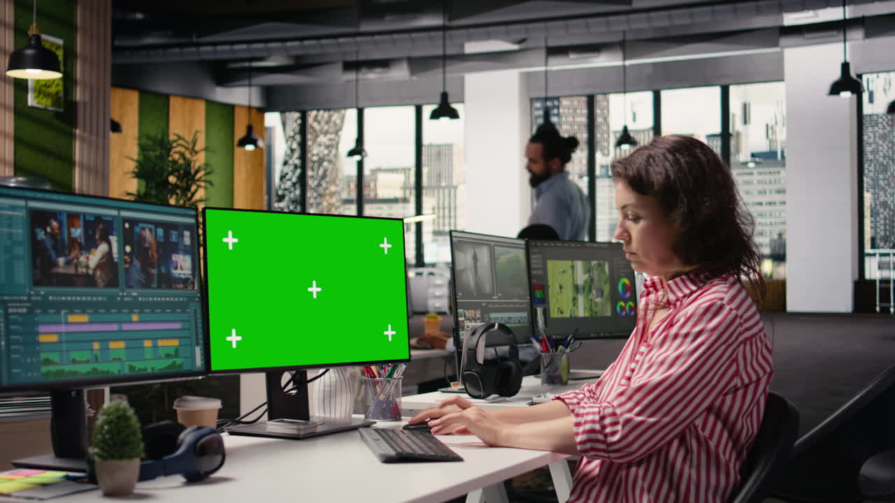 Green screen og software til filmoptagelser på dobbeltskærme på kontor
