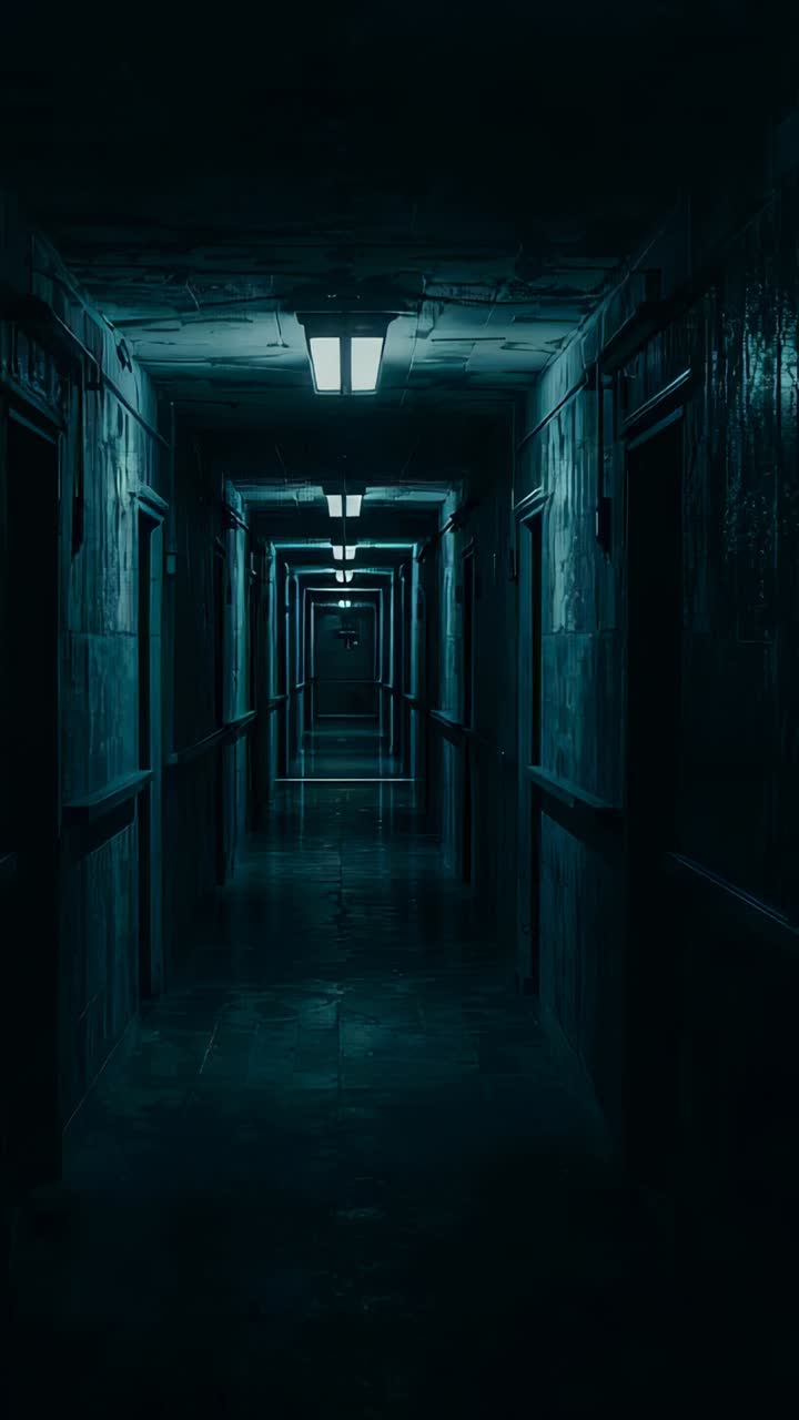 Vertical video: Sliding camera moving through hall in motel with rails, lights rising, open doorway