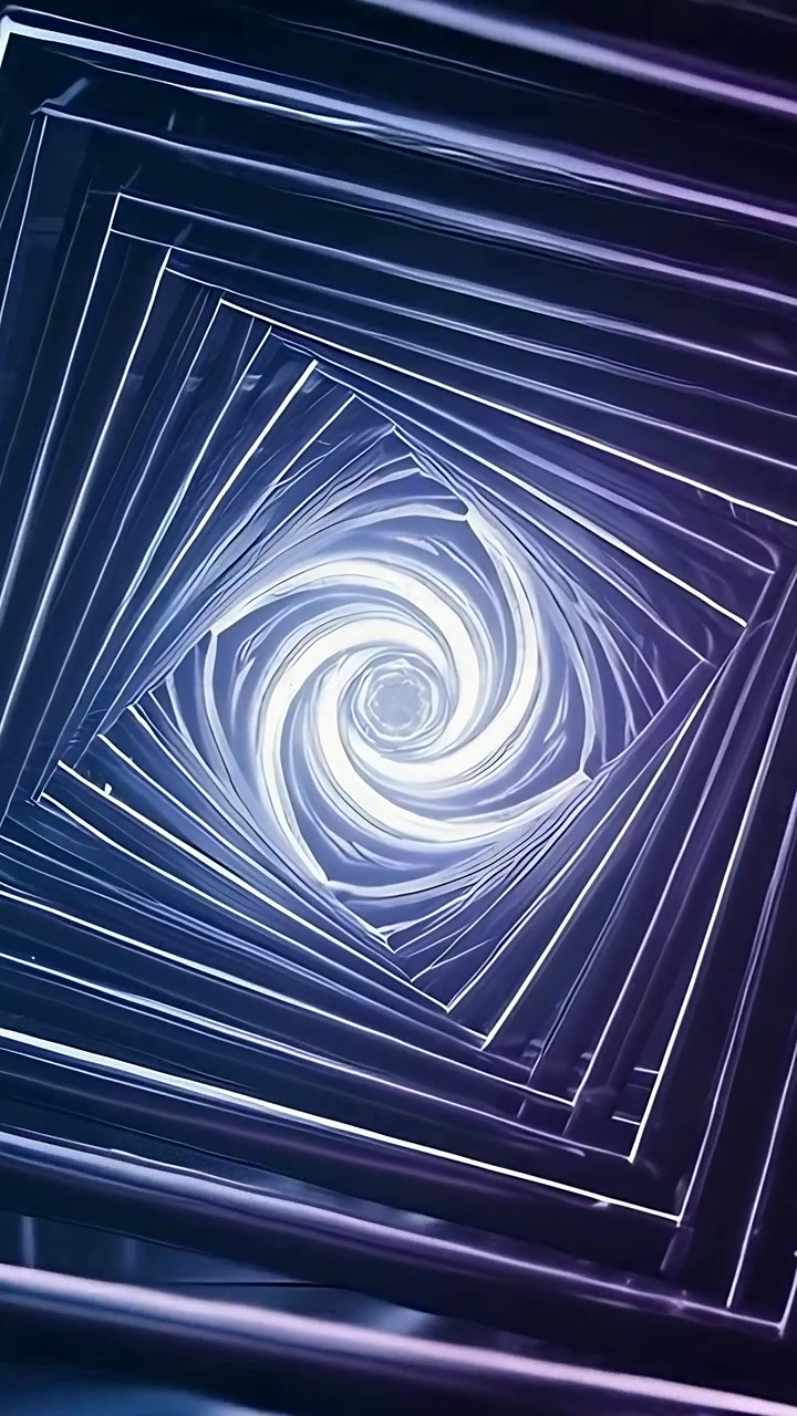 Video verticale: Cornici metalliche annidate che iniziano a ruotare in un tunnel CGI con un bagliore a vortice che attira lo sguardo.