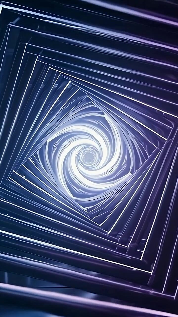 Video verticale: Cornici metalliche annidate che iniziano a ruotare in un tunnel CGI con un bagliore a vortice che attira lo sguardo.