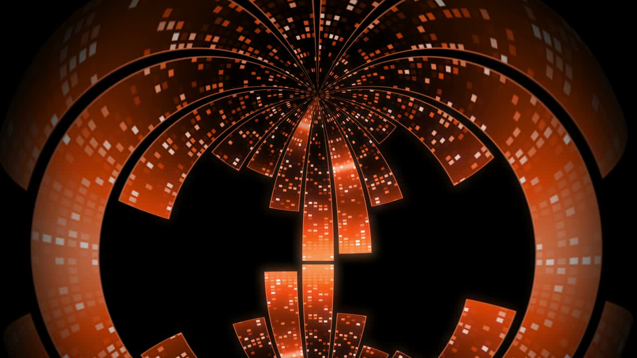 Equalizzatore di pixel dorati. Elemento disco animato. Animazione astratta sferica. Distorsione da obiettivo fisheye.
