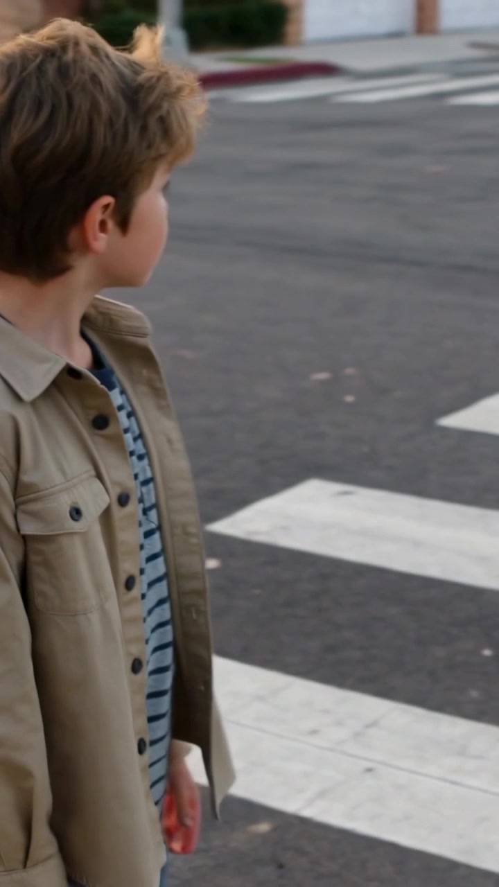 Vertical video: Scanning street, boy in tan jacket stepping onto zebra crossing to reach sidewalk