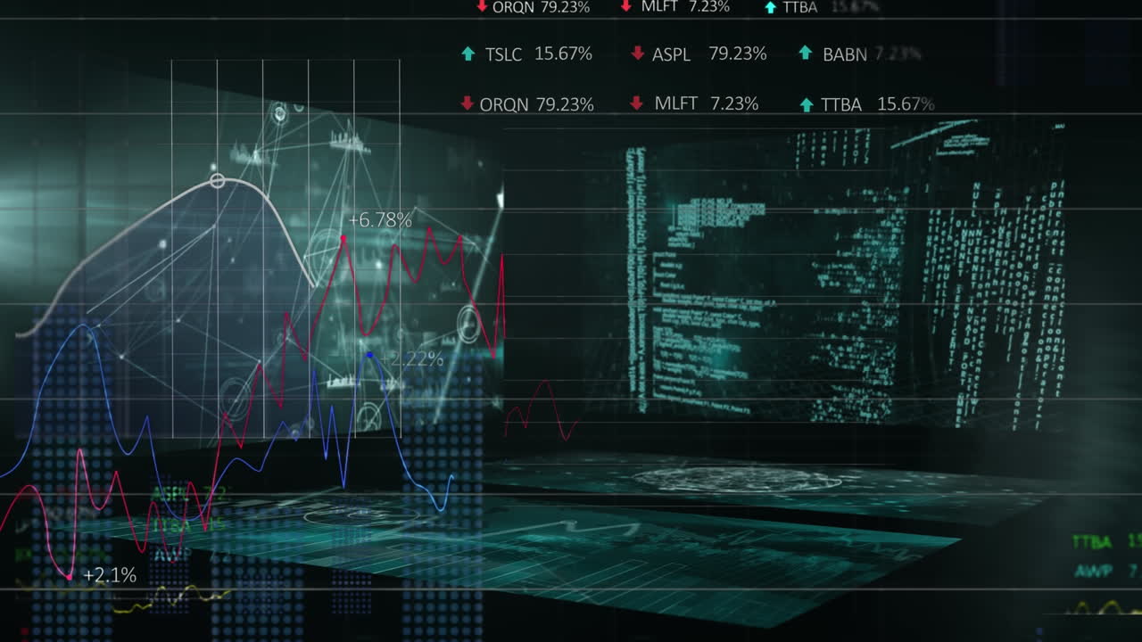 Animation of stock market numbers and computer processors recording data in background