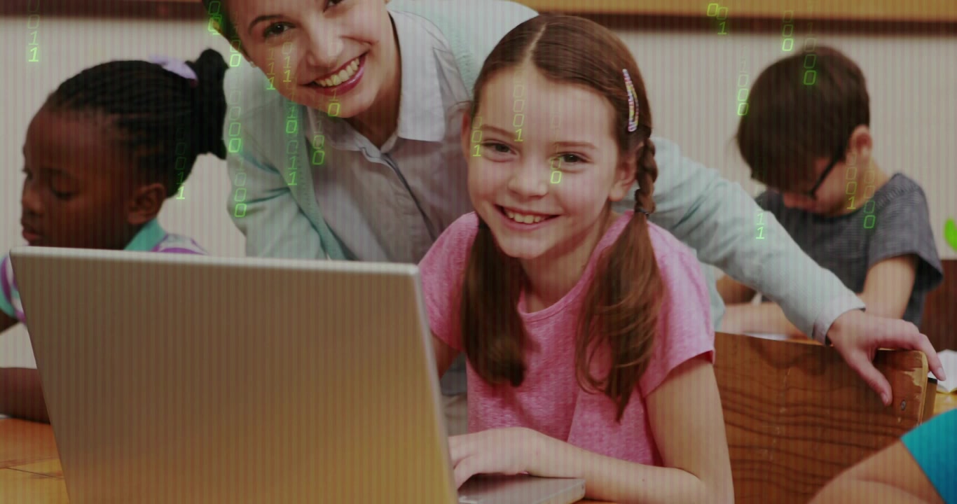 Teacher leaning and gesturing, student typing on laptop with green code overlay teaching coding
