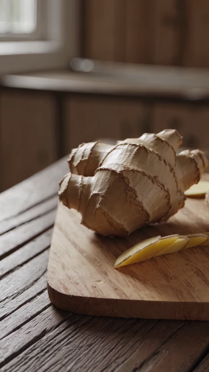 Radice di zenzero fresca e fette su un tagliere di legno.