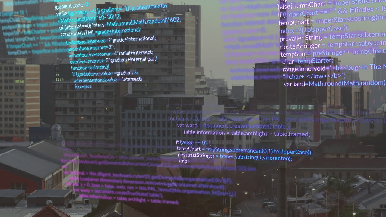 animación del procesamiento de datos frente a una vista aérea del paisaje urbano