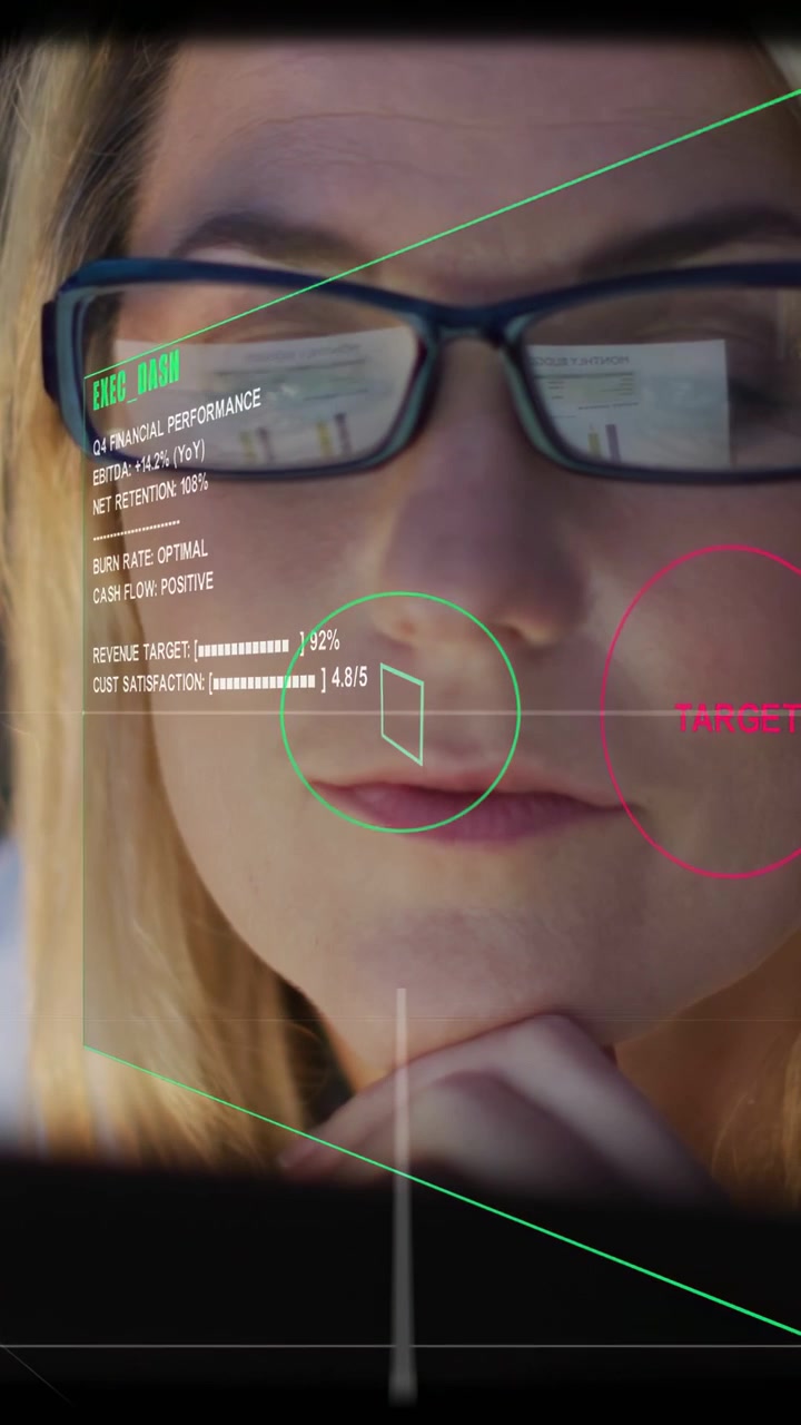 Video verticale: Donna dirigente che appoggia il mento guardando un monitor, con un HUD proiettato sul viso, mentre controlla gli obiettivi del quarto trimestre.