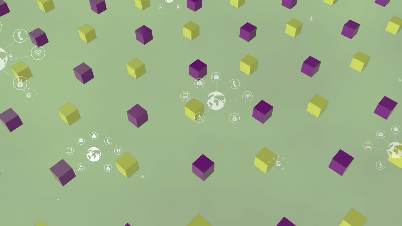 지구와 통신 아이콘의 애니메이션이 큐브로 녹색 배경에 떠다니고 있습니다.