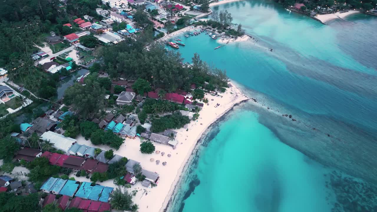 Koh Phangan Thailand aerial drone above luxury resort waterfront white sand beach