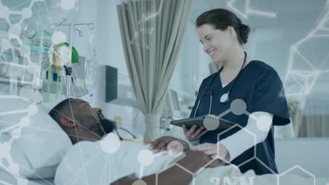 medical data processing animation over nurse with tablet and patient in hospital bed