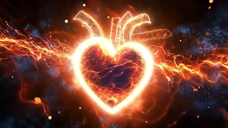 A heart is lit up in a dark background. The heart is surrounded by sparks and fire, giving it a fiery and intense appearance. Concept of passion and intensity, as if the heart is burning with emotion