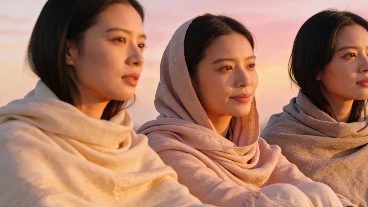 Drei erwachsene Frauen reagieren auf das Sonnenuntergangslicht, ändern ihren Blick und blinzeln auf einem Aussichtspunkt am Meer, mit Schals.