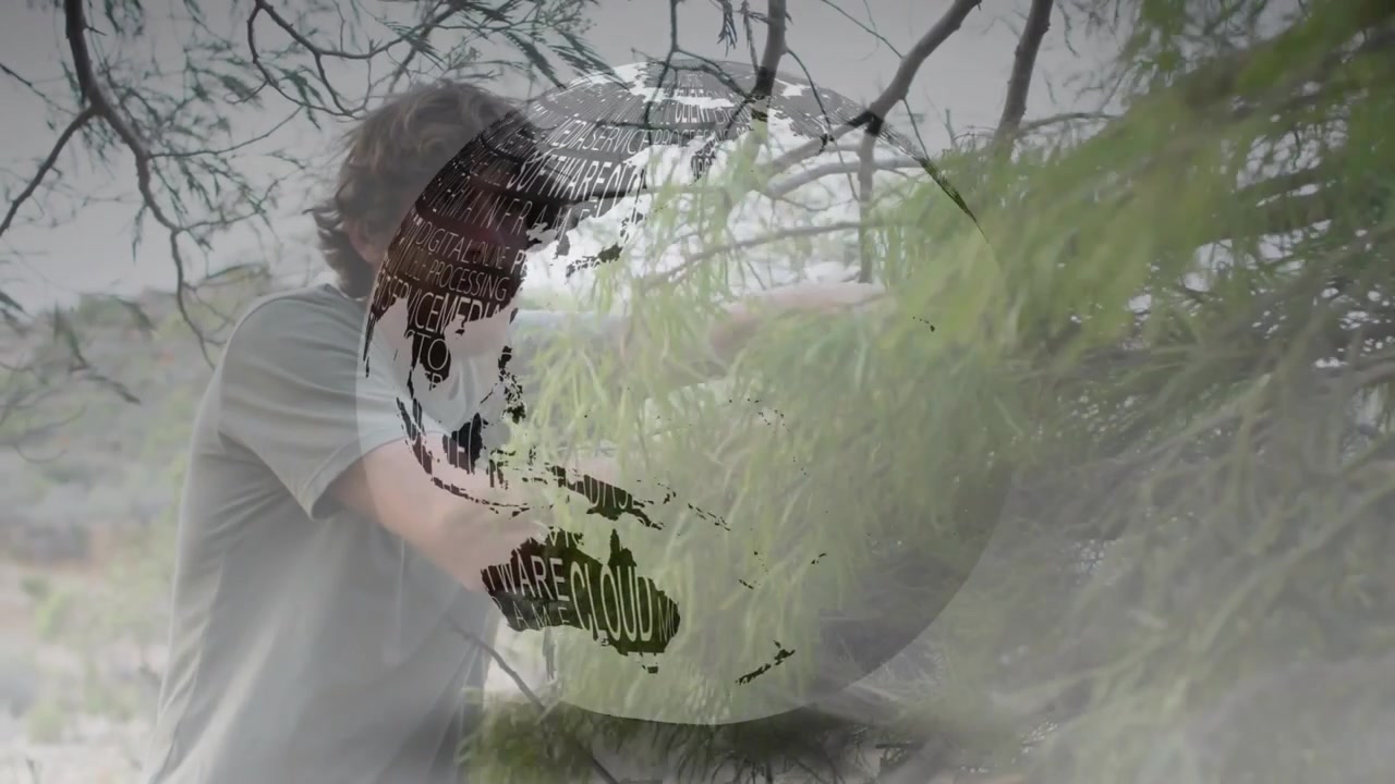 Seeing loose clump man reaching into branches packing leaves into nest while globe overlay rotating
