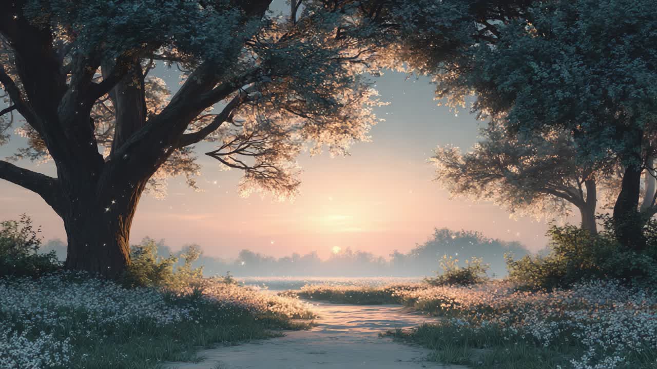 Uno scorcio sereno della natura all'alba: il sole fa capolino tra alberi antichi mentre la luce del mattino danza su un prato, illuminando i fiori e creando un'atmosfera tranquilla.
