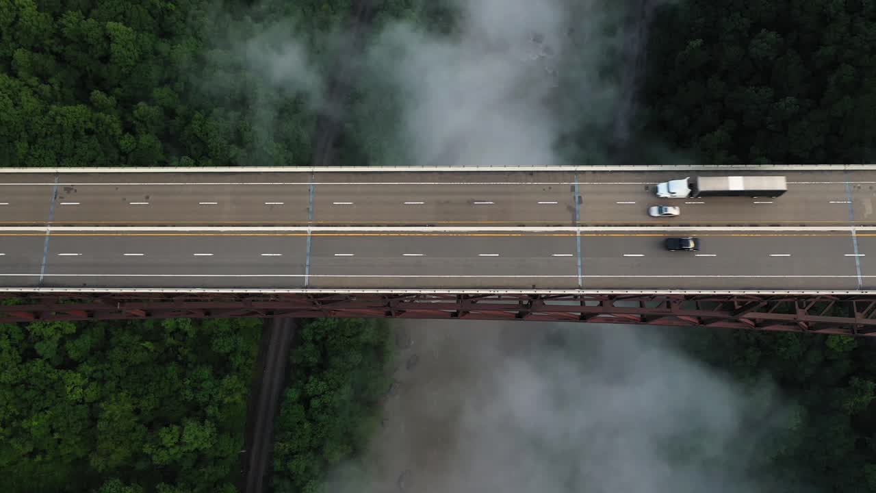 Top Down Aerial View of Cars and Track on Bridge Roadway Above New River Gorge, West Virginia USA