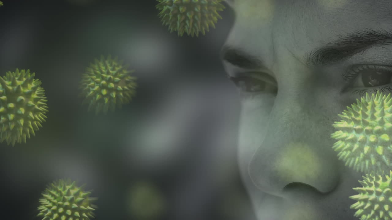 Animation af en profil af en kaukasisk kvinde med flydende makro Covid-19-celler.