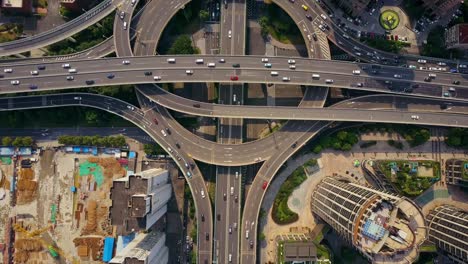 china sunny day shanghai city famous traffic round road junction aerial top view 4k