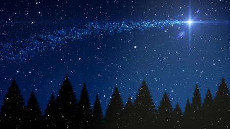 animación de nieve cayendo sobre abetos y estrellas fugaz en un paisaje de invierno