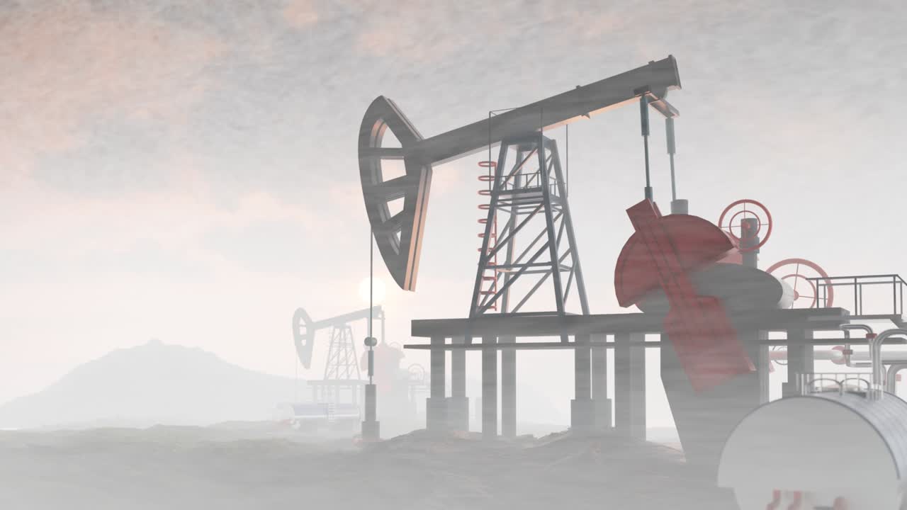 bomba de petróleo, equipos de la industria petrolera, perforaciones de perforación de la silueta del campo petrolífero al atardecer. crisis de suministro de energía. renderización 3d