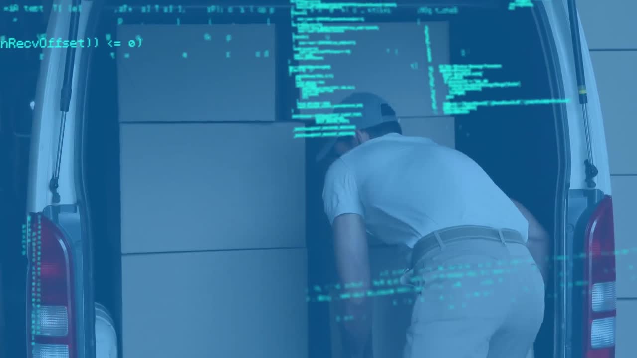 Databehandling over en kaukasisk leveringsmand, der fjerner leveringskasser fra sin varevogn