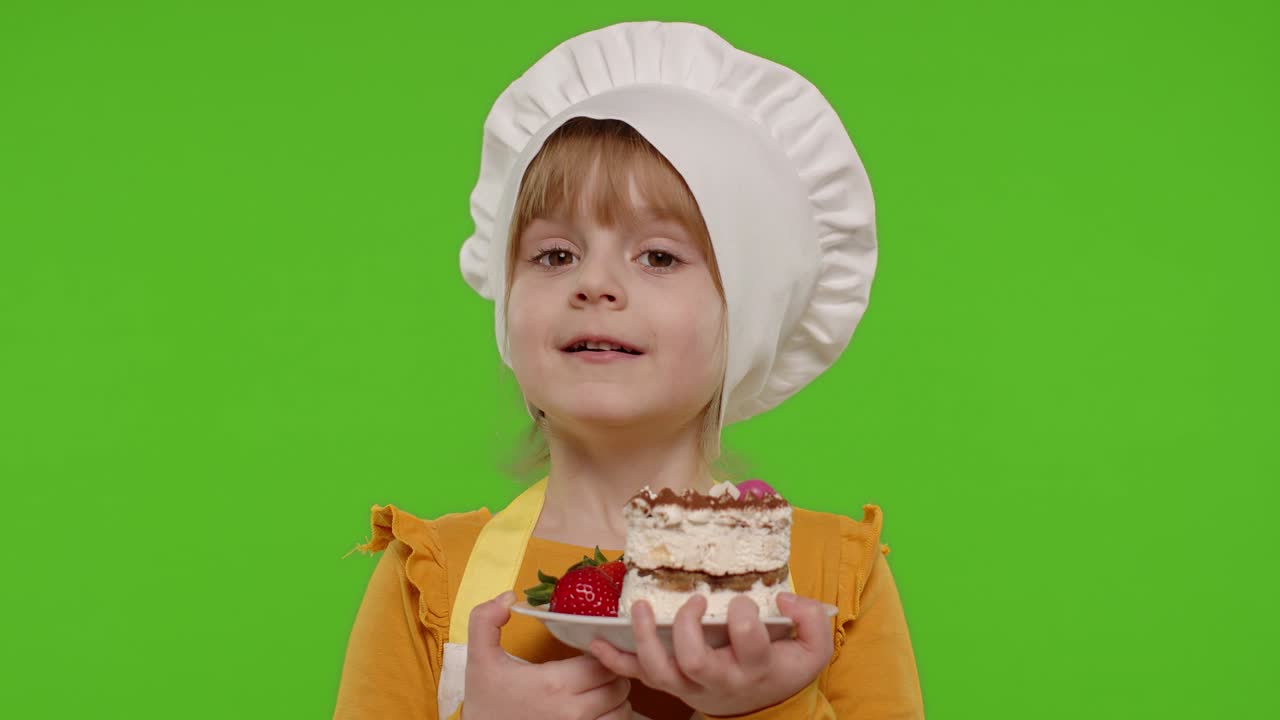 niña niño vestido como cocinero profesional chef mostrando comiendo sabroso pastel de fresa hecho a mano