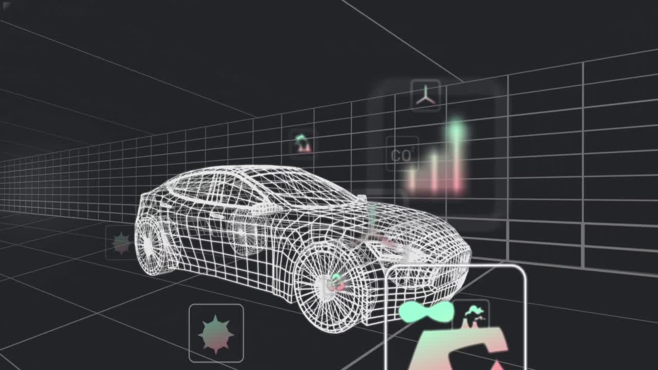 animación de múltiples iconos digitales sobre un modelo de coche 3d que se mueve en un patrón sin fisuras en un túnel