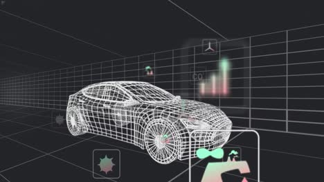 animación de múltiples iconos digitales sobre un modelo de coche 3d que se mueve en un patrón sin fisuras en un túnel