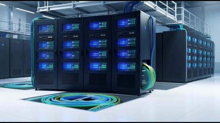Modern Data Center Server Room with Rows of Network Racks