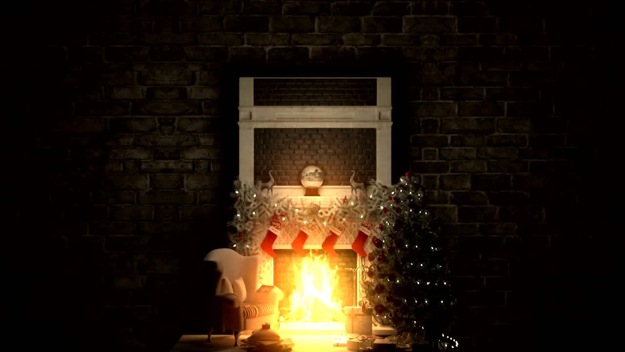 크리스마스 트리, 요정 집, 마법 크리스탈 볼과 함께 기 벽난로, 크리스마스 및 새해 루프 애니메이션
