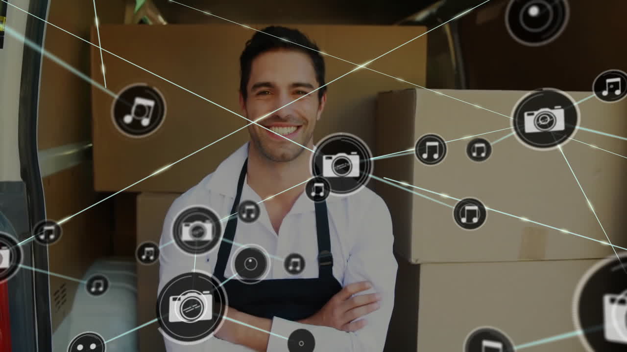 animación de la red de conexiones sobre el hombre de entrega caucásico por furgoneta con cajas