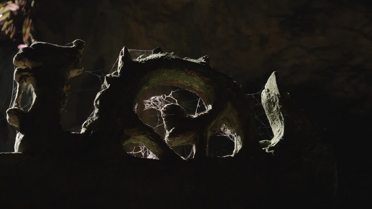 escultura de piedra de dragón con telaraña. - de cerca