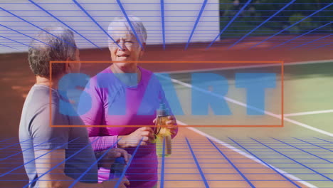senior couple holding water bottles and balls on tennis court, with animated health data floating