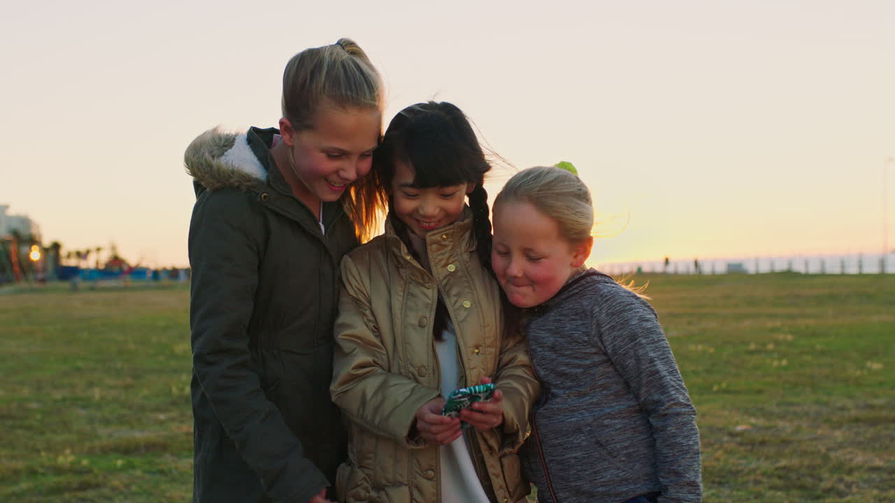 해변 공원 에서 아이 들, 친구 들, 그리고 전화