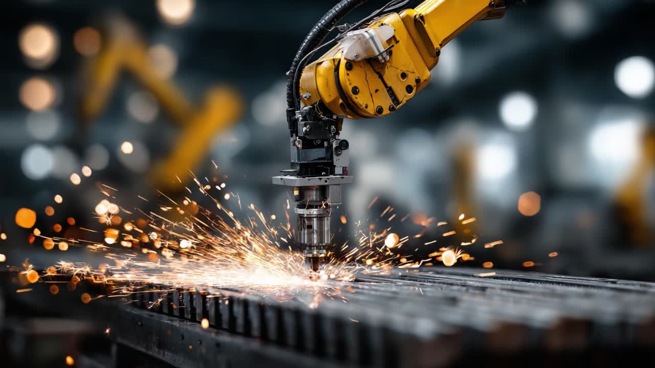 Dynamic Industrial Robotics: A Laser Cutting Machine in Action Creating Sparks and Precision Cuts in a Modern Manufacturing Environment