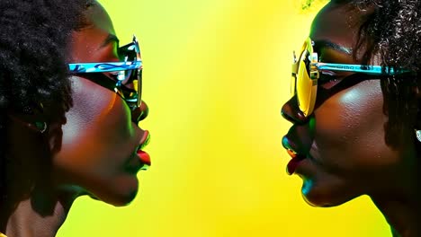 two young women wearing colorful sunglasses on a yellow background