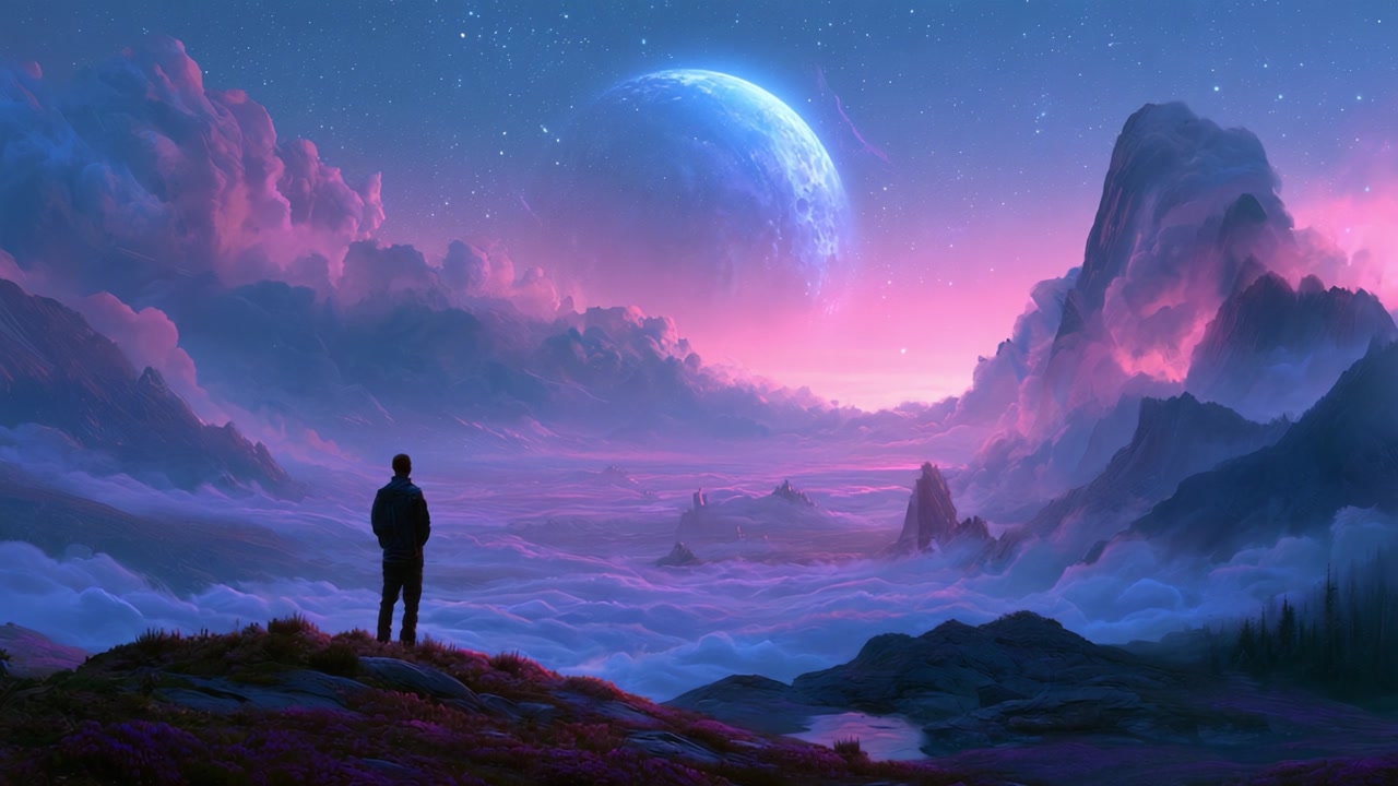 Un viaggiatore sereno che osserva un maestoso paesaggio alieno sotto un cielo cosmico, avvolto nei bellissimi colori dell'alba e del tramonto con una luna brillante sopra la testa.